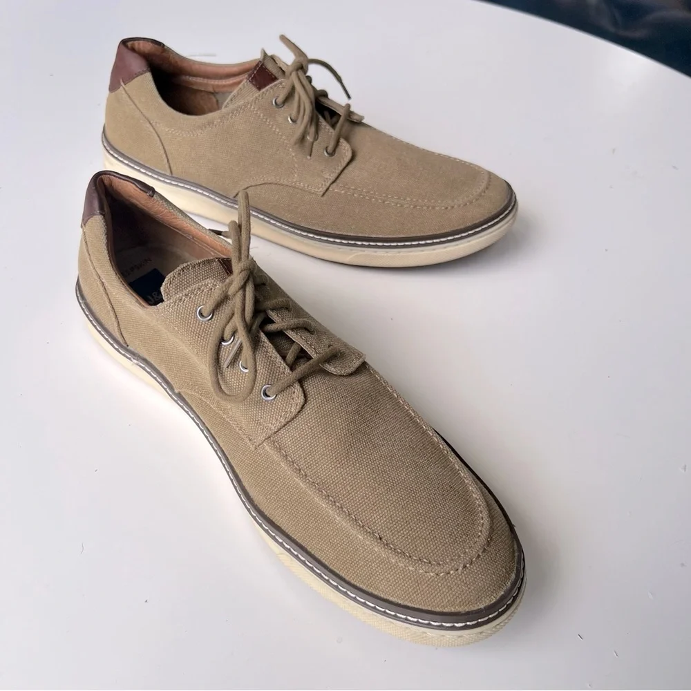 Johnston & Murphy McGuffey Moc Toe Shoes Tan Canvas Leather Sheepskin men 12